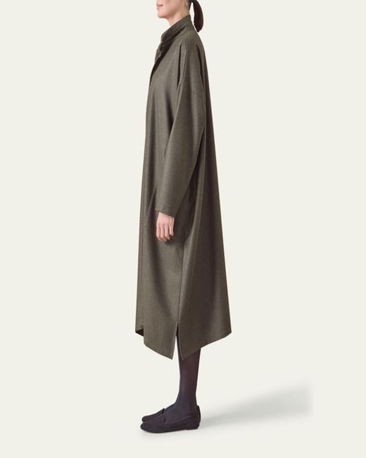 Eskandar Green Wide A-Line Shirtdress With Double-Stand Collar