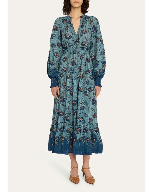 Ulla Johnson Blue Katerina Puff-sleeve Printed Midi Dress