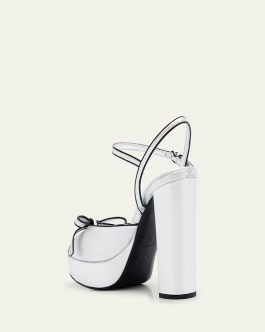 Miu Miu White Metallic Leather Bow Peep-Toe Platform Sandals
