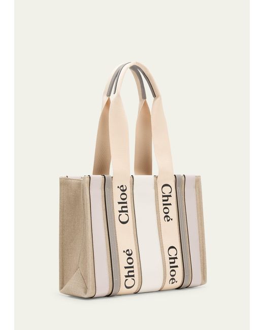 Chloé Natural X High Summer Woody Medium Tote Bag In Striped Linen And Leather