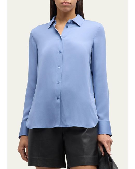 Vince Blue Slim-fitted Stretch Silk Button-front Blouse