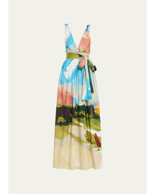 Oscar de la Renta White Plunging Landscape-print Waist-tie Sleeveless Maxi Dress