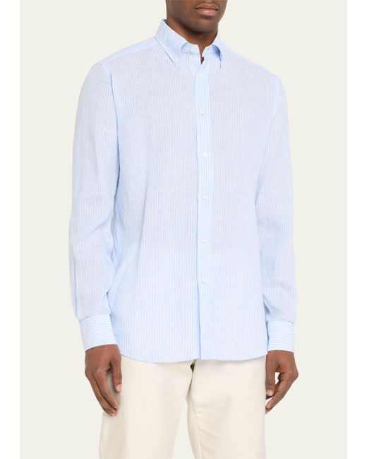 Bergdorf Goodman Blue Linen Stripe Casual Button-down Shirt for men