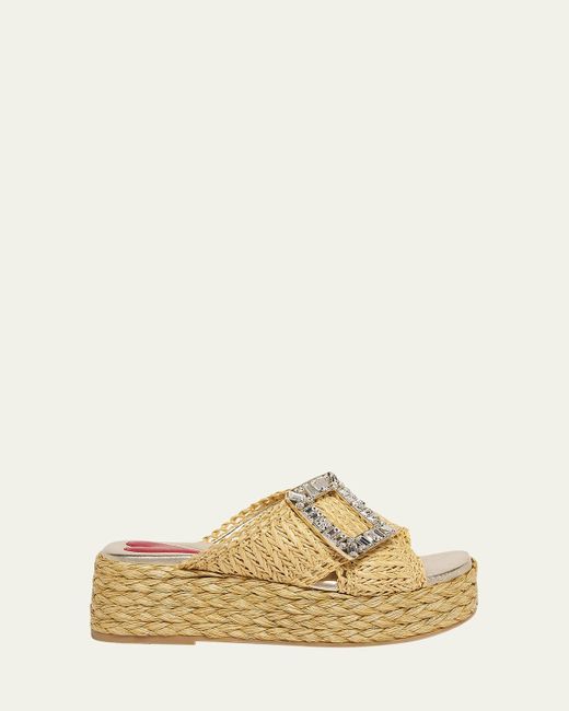 Roger Vivier Natural Strass-Buckle Raffia Platform Sandals