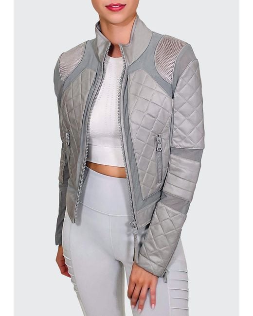 BLANC NOIR Gray Quilted Leather & Mesh Moto Jacket