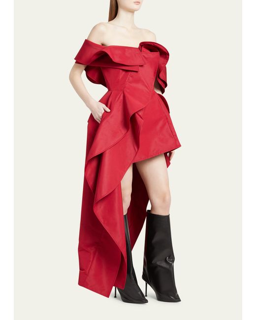 Alexander McQueen Red Off-shoulder Ruffled Evening Dress