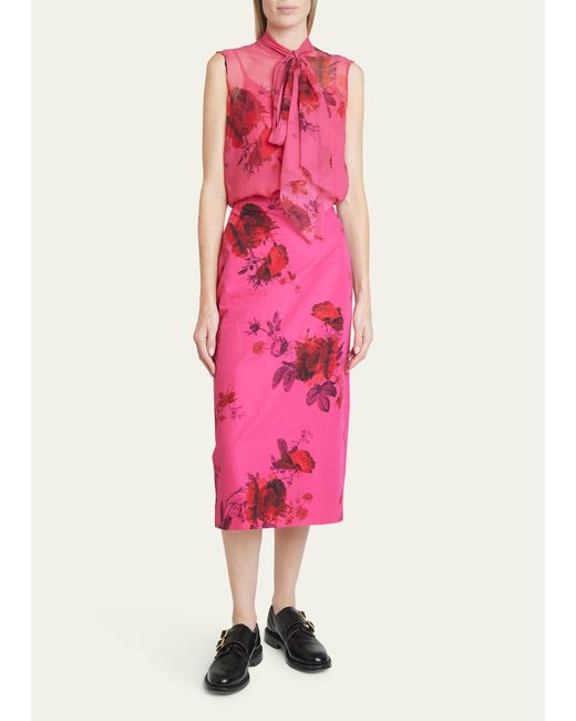 Erdem Pink Floral-print Midi Pencil Skirt