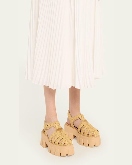 Prada Natural Monolith Raffia Chunky Fisherman Sandals