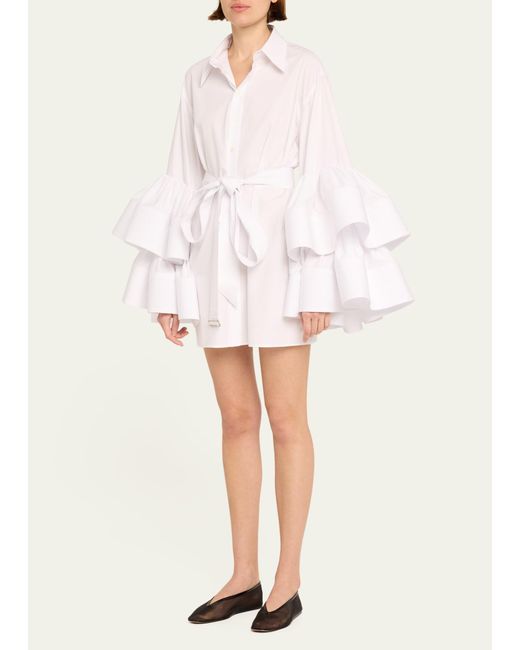 Christopher John Rogers Natural Belted Mini Shirtdress With Jumbo Ruffle Sleeves