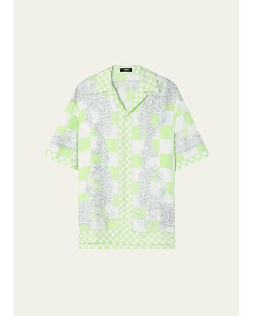 Versace Green Checkered Medusa Silk Camp Shirt for men