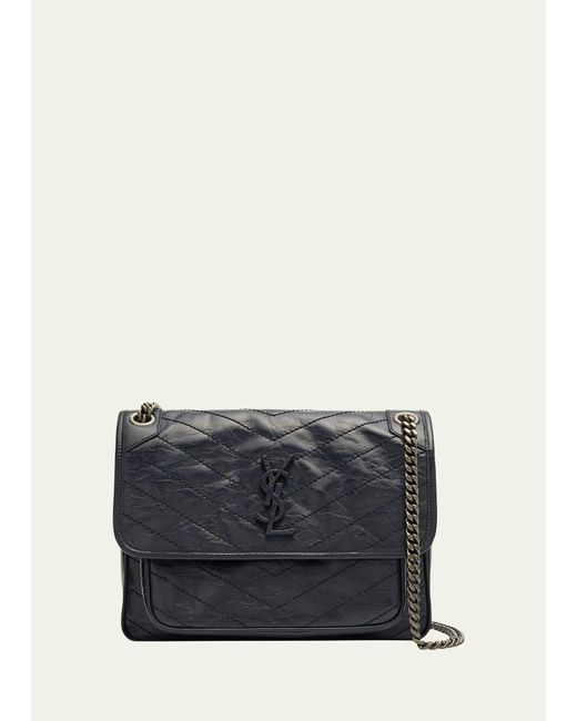 Saint Laurent Gray Niki Medium Flap Ysl Shoulder Bag In Crinkled Leather