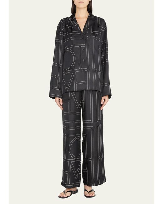 Totême  Black Monogram-embroidered Silk Pajama Top