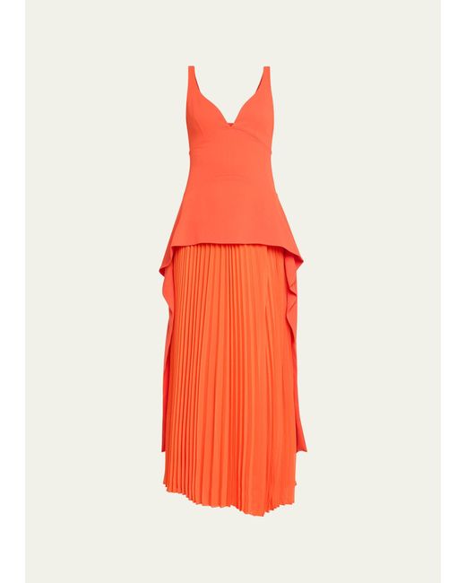 Jonathan Simkhai Orange Sequoia Pleated Combo Sleeveless V-neck Midi Dress