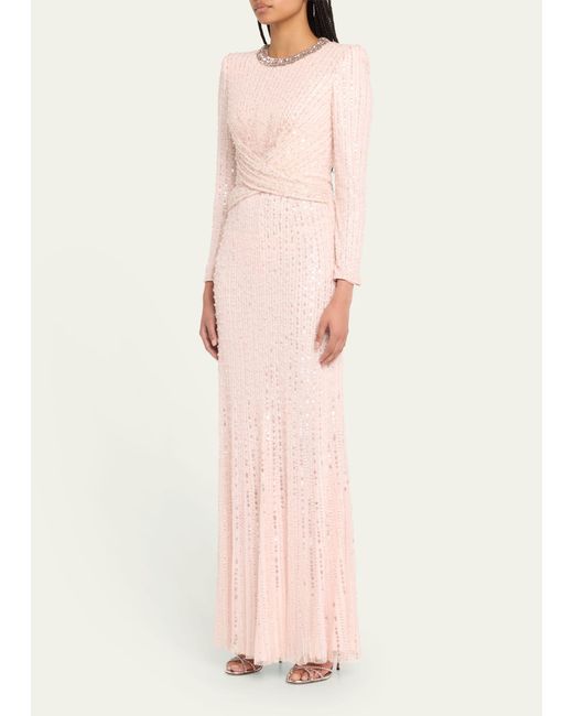 Jenny Packham Pink Macelline Sequined Crystal Crossover Long-sleeve Gown