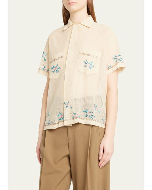 Bode Natural Sequined Floral Net Boxy Shirt