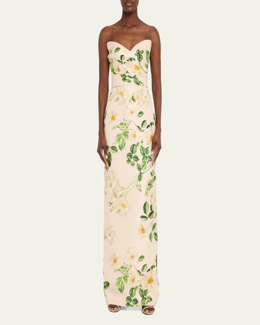 Monique Lhuillier Metallic Floral-Print Draped Strapless Gown