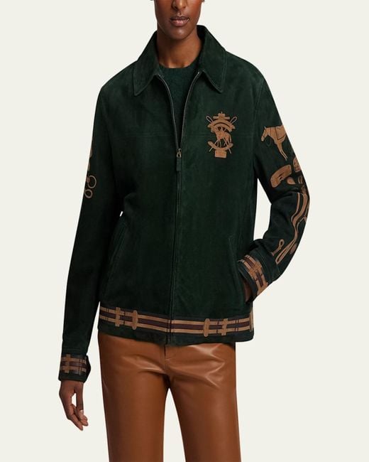 Ralph Lauren Green Jessa Equestrian-Printed Suede Coat
