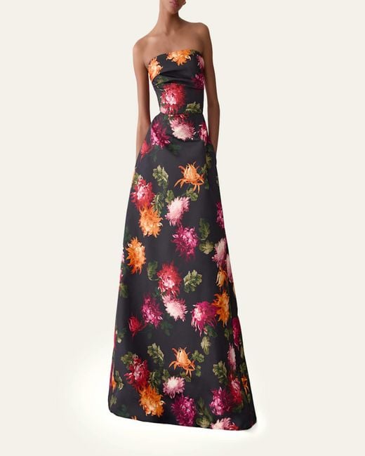 Carolina Herrera Red Floral-Print Strapless A-Line Gown