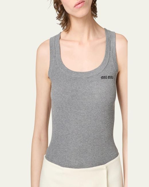 Miu Miu Gray Scoop-Neck Rib Knit Cotton Tank Top