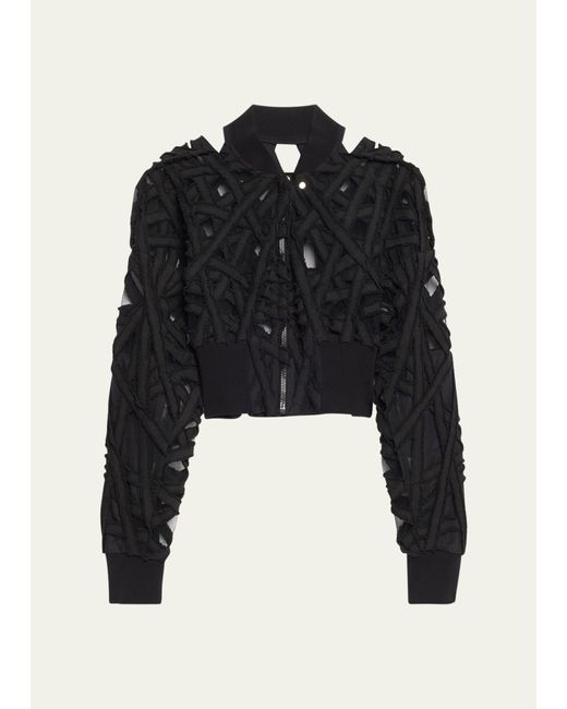 Rick Owens Black Cutout Denim And Tulle Cropped Bomber Jacket