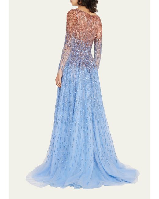 Pamella Roland Blue Ombre Embroidered Evening Gown