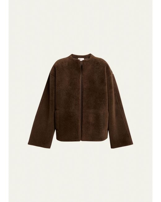 The Row Brown Valorin Lamb Shearling Collarless Jacket