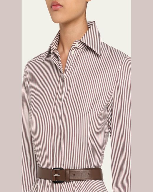 Michael Kors Pink 3/4-Sleeve Striped Midi Shirtdress With Belt