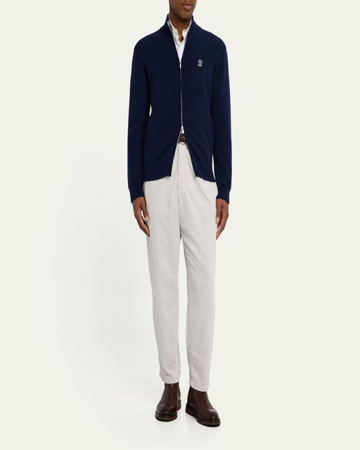 Brunello Cucinelli Blue Cashmere Knit Full-Zip Jacket for men