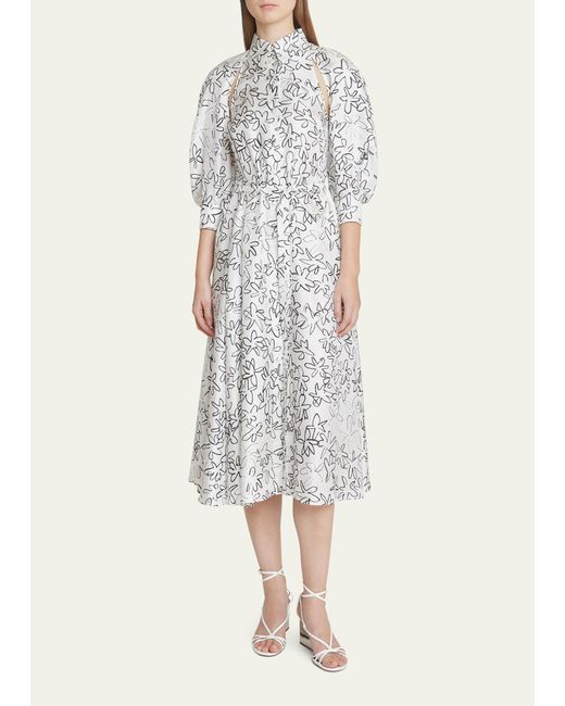 Chloé White Floral-print Cutout Midi Silk Shirt Dress