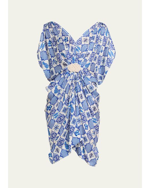 VERANDAH Blue Azulejos-print Draped Kaftan Mini Dress
