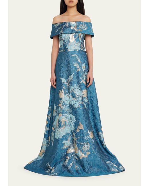 Teri Jon Blue Off-shoulder Metallic Flower Jacquard Gown