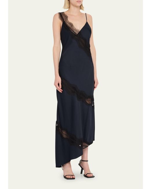 A.L.C. Blue Soleil Satin Lace Asymmetric Maxi Dress