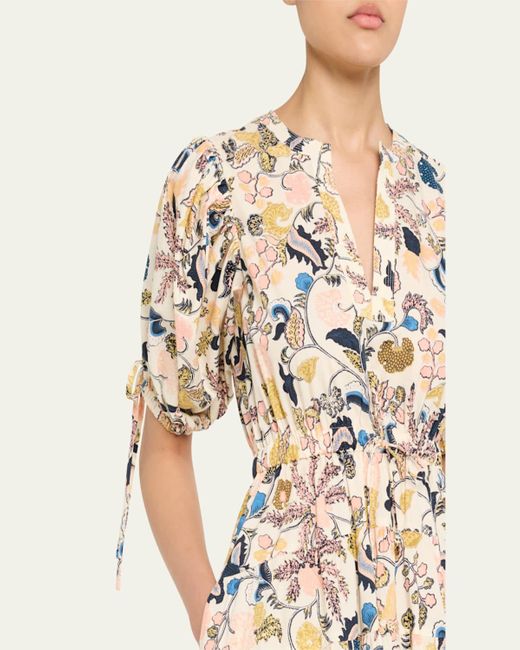 Ulla Johnson Natural Adriana Puff-Sleeve V-Neck Midi Dress