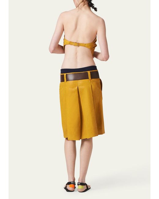 Miu Miu Yellow Large Pleated Midi Leather Skirt