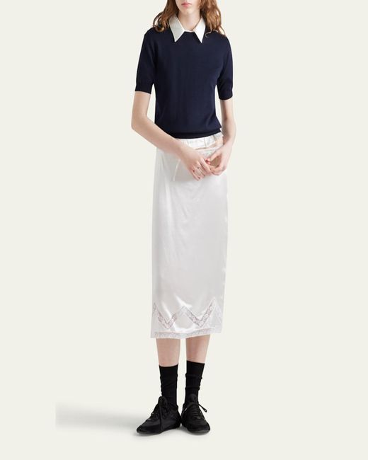 Prada White Drawstring Lace Trim Satin Midi Skirt