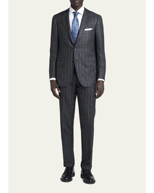 Kiton Blue Chalk Stripe Cashmere-linen Suit for men
