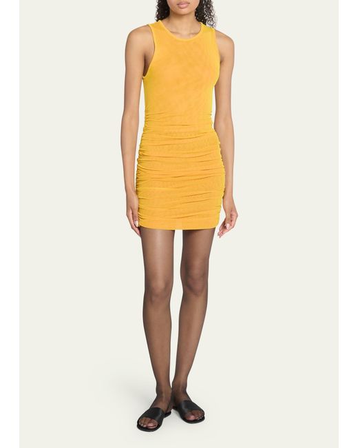 Saint Laurent Yellow Ruched Tulle Sleeveless Mini Dress