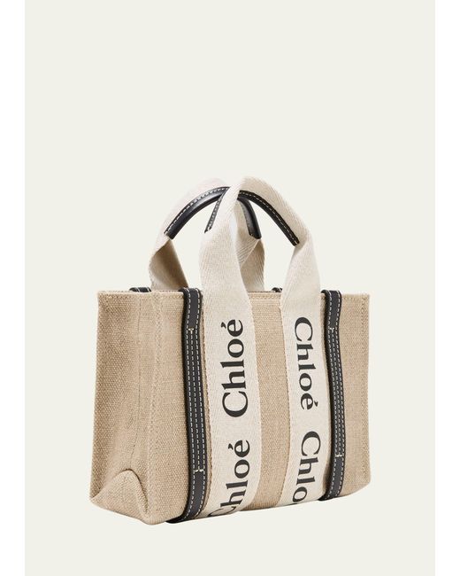 Chloé Natural Woody Mini Tote Bag In Linen With Crossbody Strap