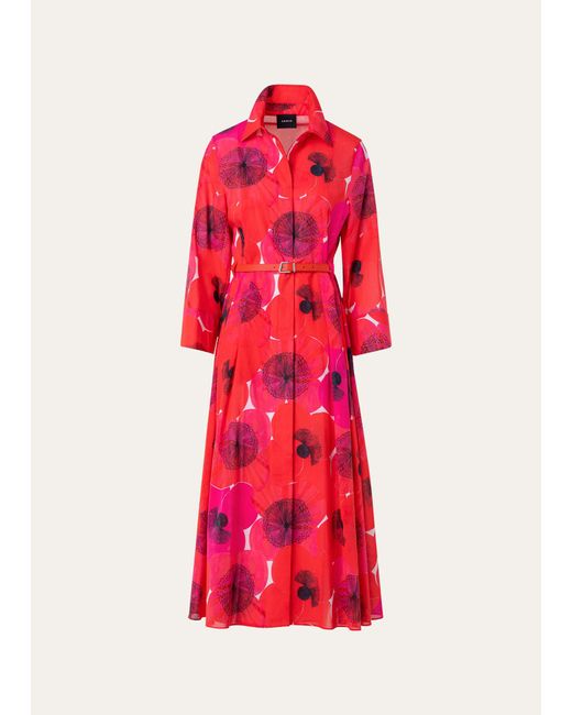 Akris Red Poppies Print Belted Midi Dress