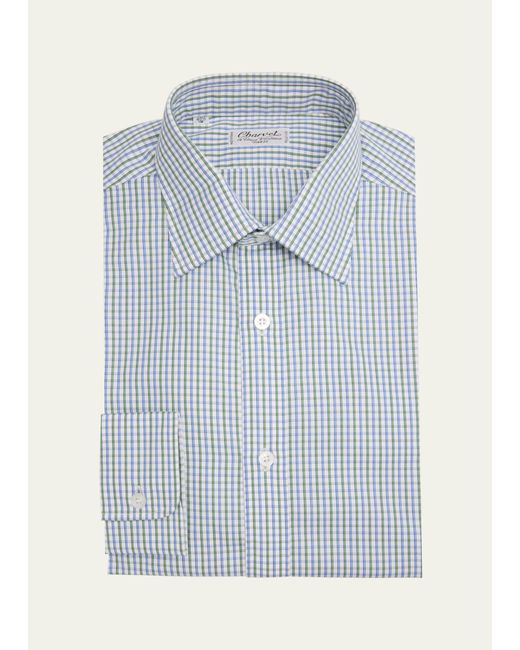 Charvet Blue Cotton Check-print Dress Shirt for men