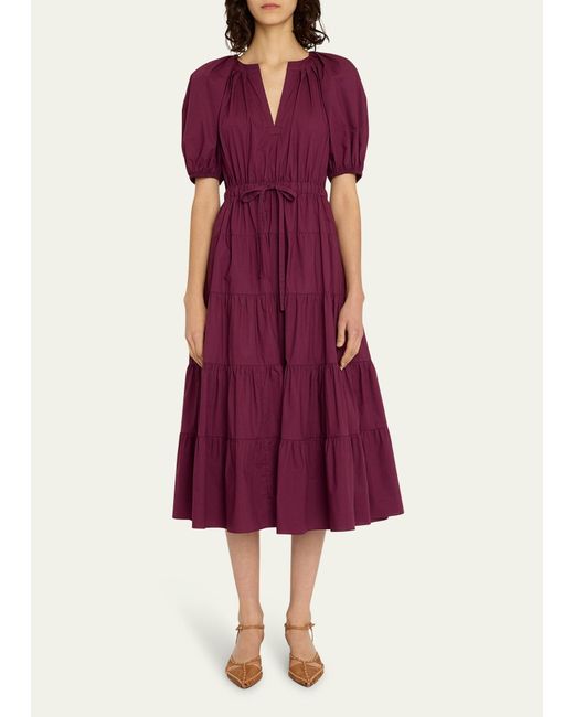 Ulla Johnson Purple Olina Puff-sleeve Tiered Cotton Poplin Midi Dress