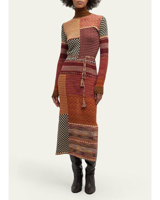Ulla Johnson Red Almira Masque Patchwork Jacquard Knit Midi Dress With Belt
