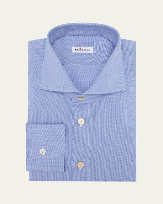 Kiton Blue Micro-Check Cotton Dress Shirt for men