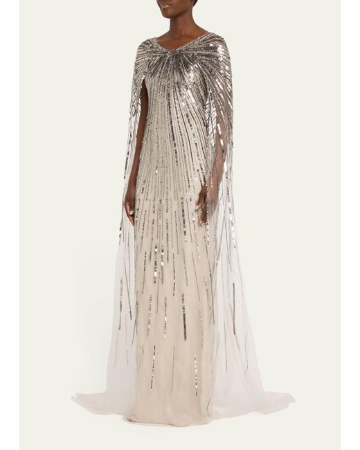 Pamella Roland Natural Silver Sequined Gown With Sheer Cape