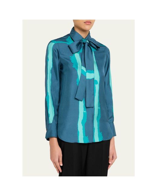 Kiton Blue Silk Bow-Neck Button-Down Shirt