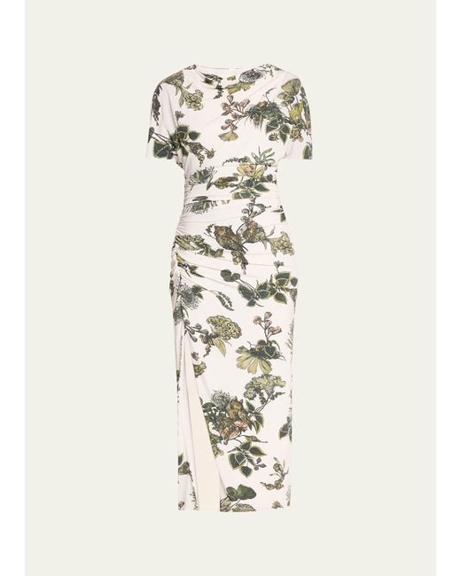 Jason Wu White Floral Ruched Jersey Midi Dress With High Slit