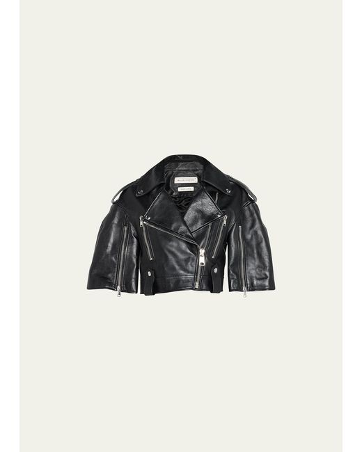Alexander McQueen Black Leather Crop Biker Cape