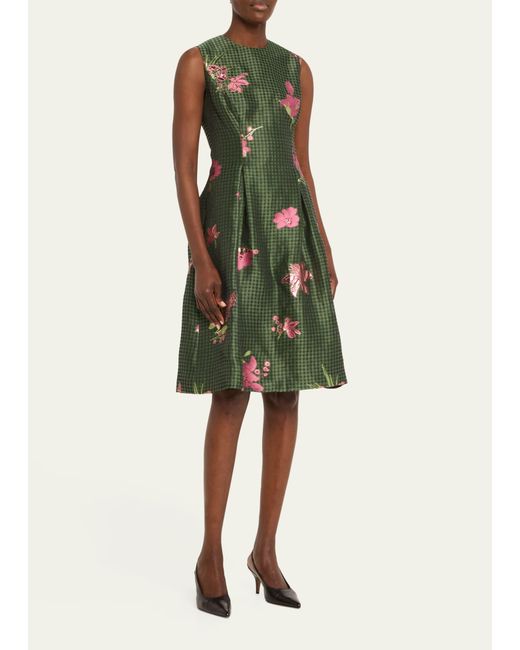 Lela Rose Green Betsy Metallic Floral Gingham Jacquard Sleeveless Dress