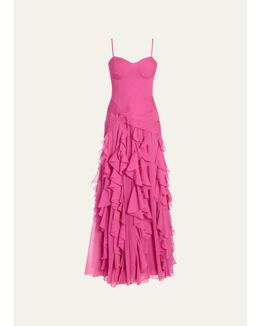 PATBO Pink Bustier Ruffle Chiffon Maxi Dress