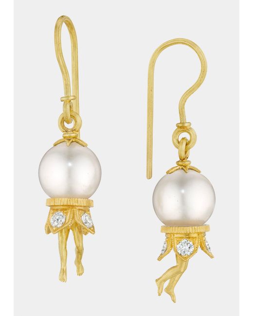 Anthony Lent Metallic Bosch Pearl Earrings In 18k Gold With Diamonds